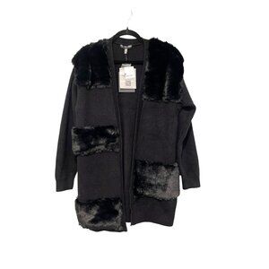Adrienne Landau Onyx Black Faux Fur Knit Cardigan Sweater Long Sleeve Large NWT